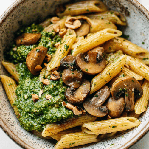 Simple Mushroom Penne with Walnut Pesto