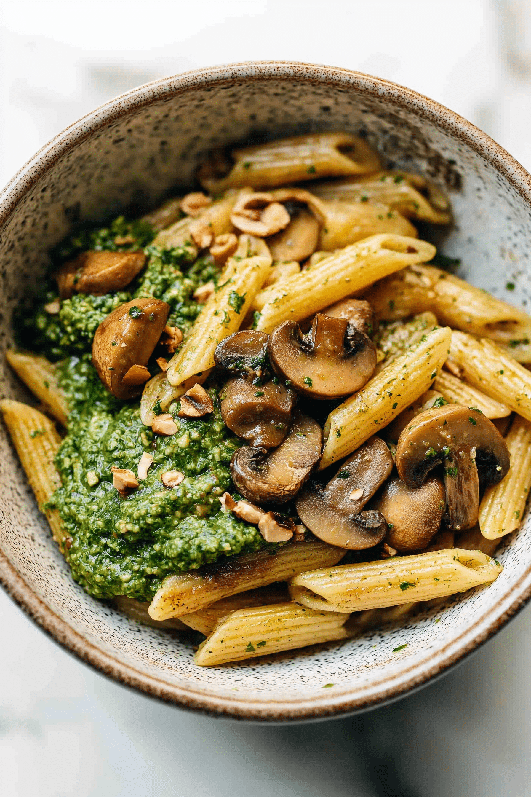 Simple Mushroom Penne with Walnut Pesto